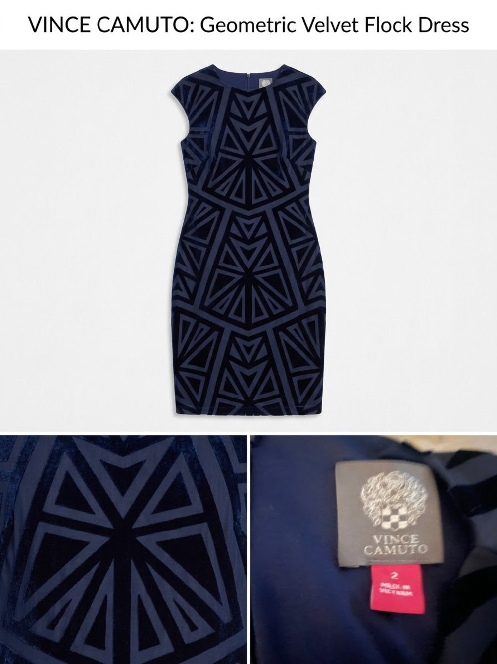 Vince Camuto Navy Geometric Velvet Flock Midi Dress